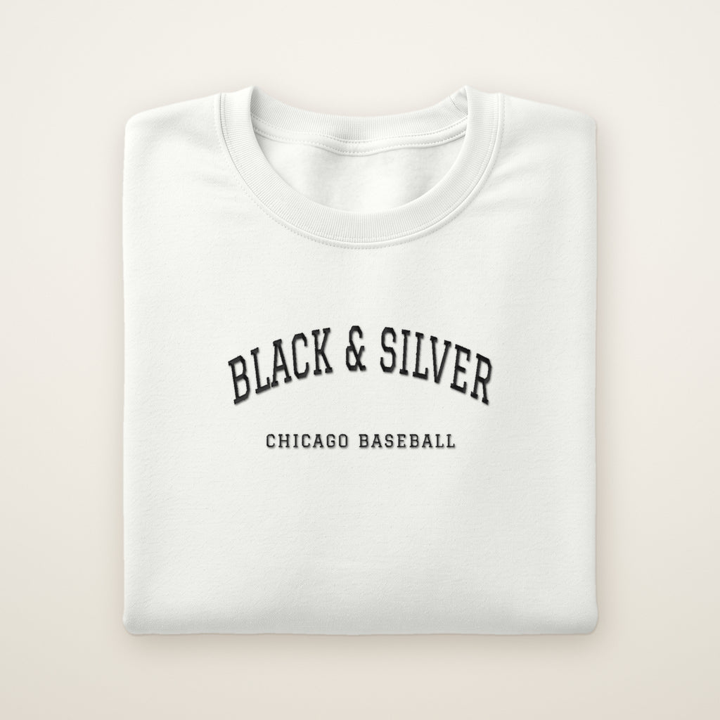 Chicago South Side Baseball Embroidered Crewneck — Black & Silver in White, flat lay