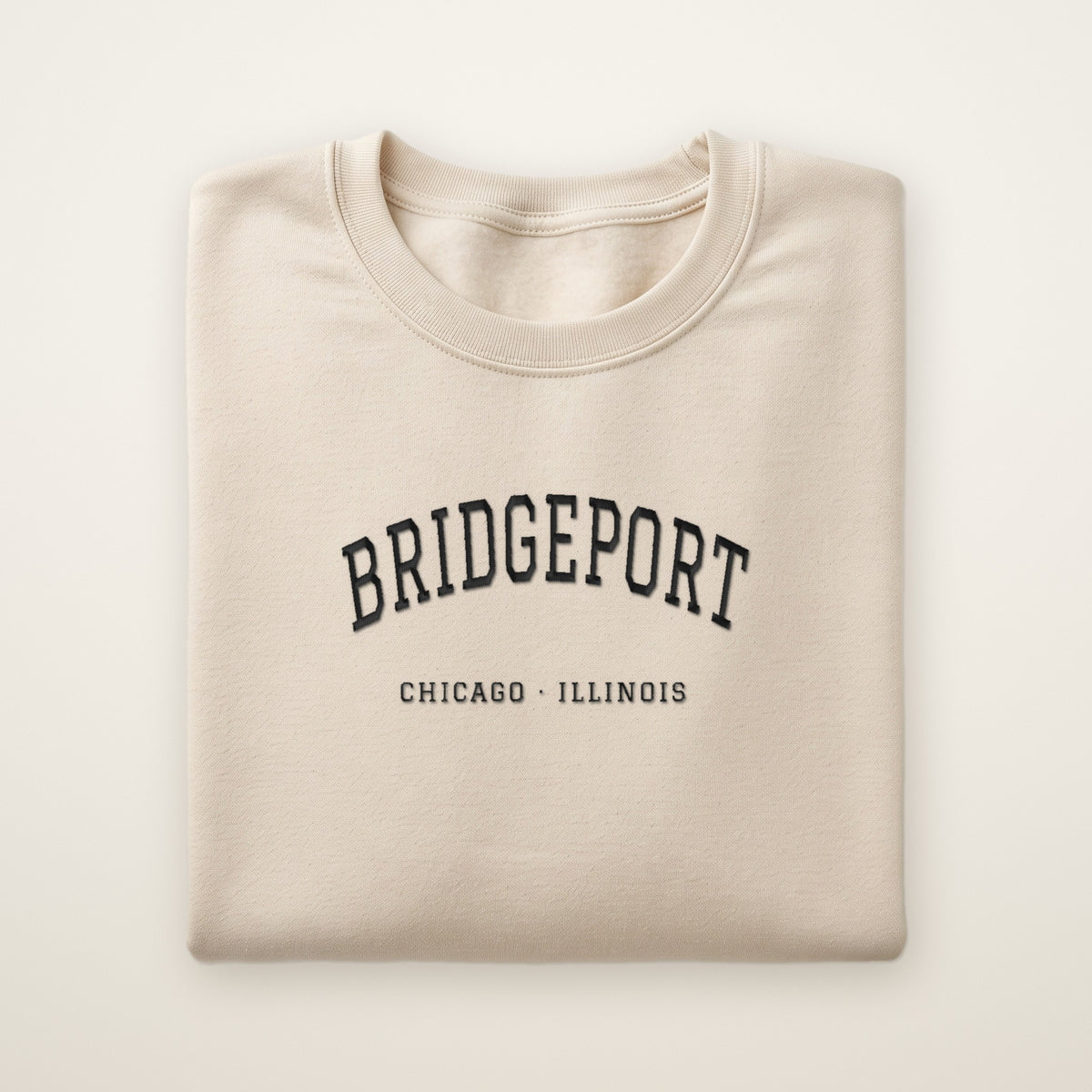 Chicago South Side Baseball Embroidered Crewneck — Bridgeport in Sand, flat lay