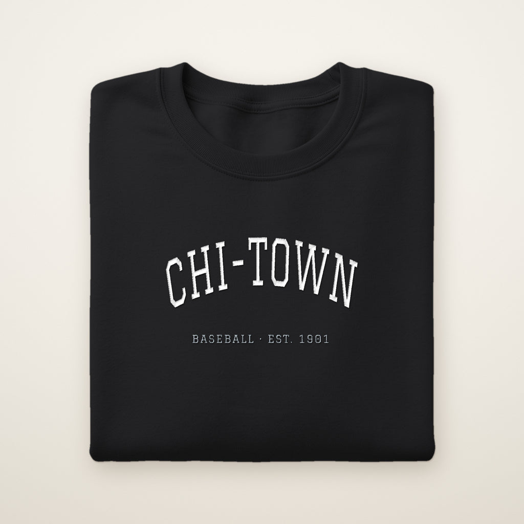 Chicago South Side Baseball Embroidered Crewneck — Chi-Town in Black, flat lay