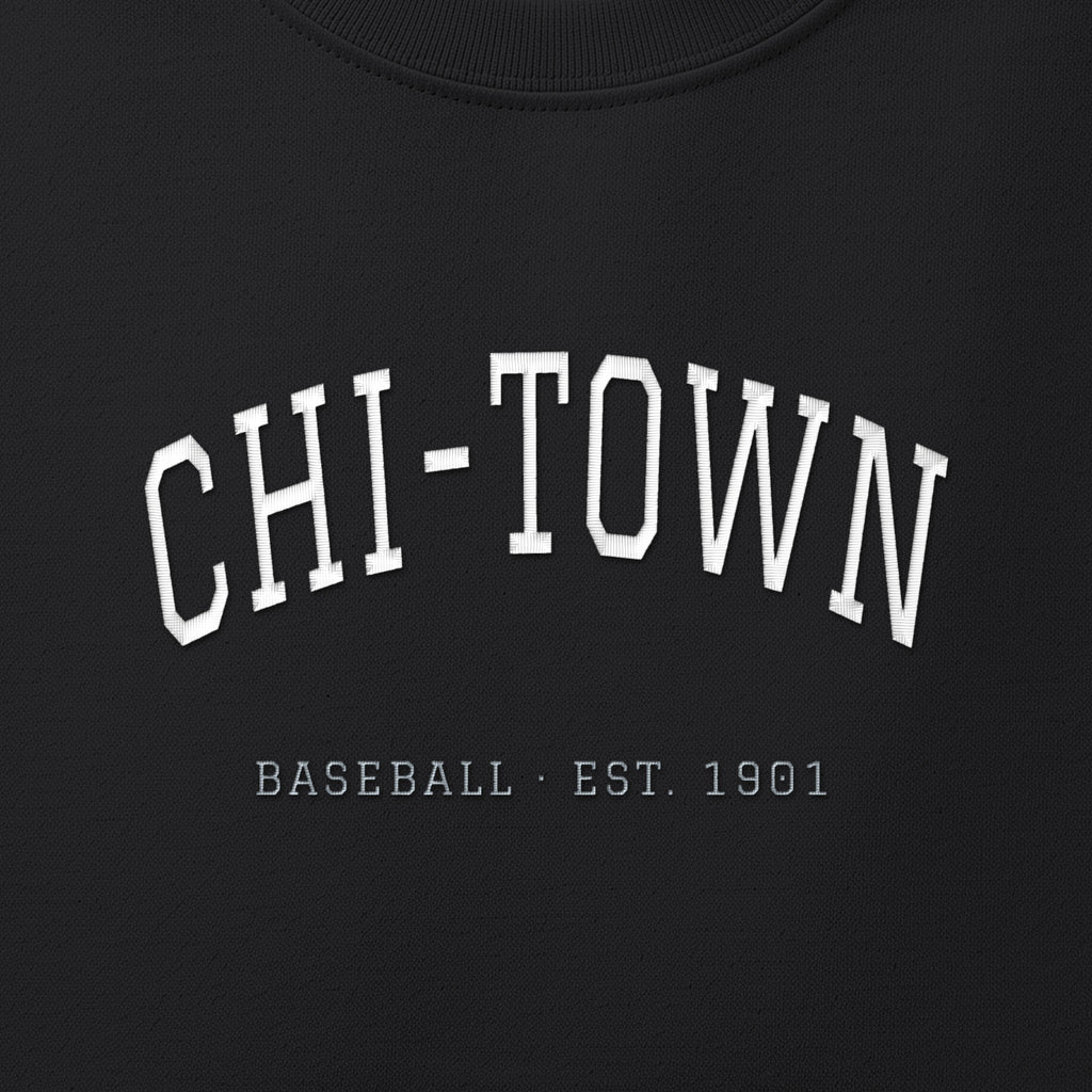Close-up of the white & silver grey satin-stitch Chi-Town embroidery