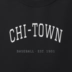 Close-up of the white & silver grey satin-stitch Chi-Town embroidery