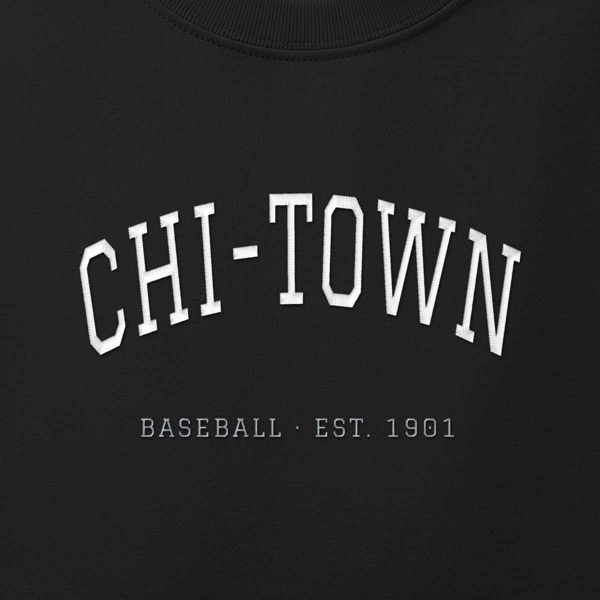 Close-up of the white & silver grey satin-stitch Chi-Town embroidery
