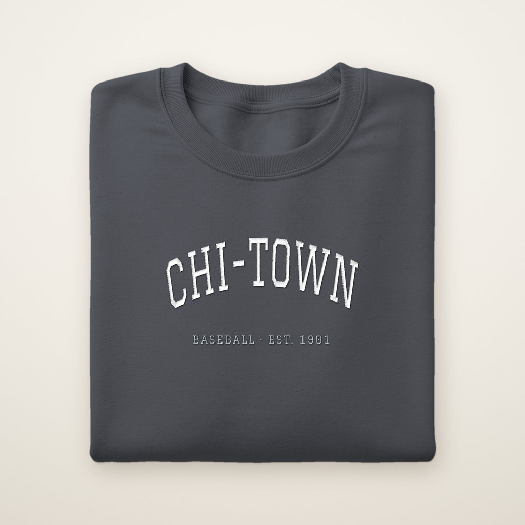 Chicago South Side Baseball Embroidered Crewneck — Chi-Town in Dark Heather, flat lay