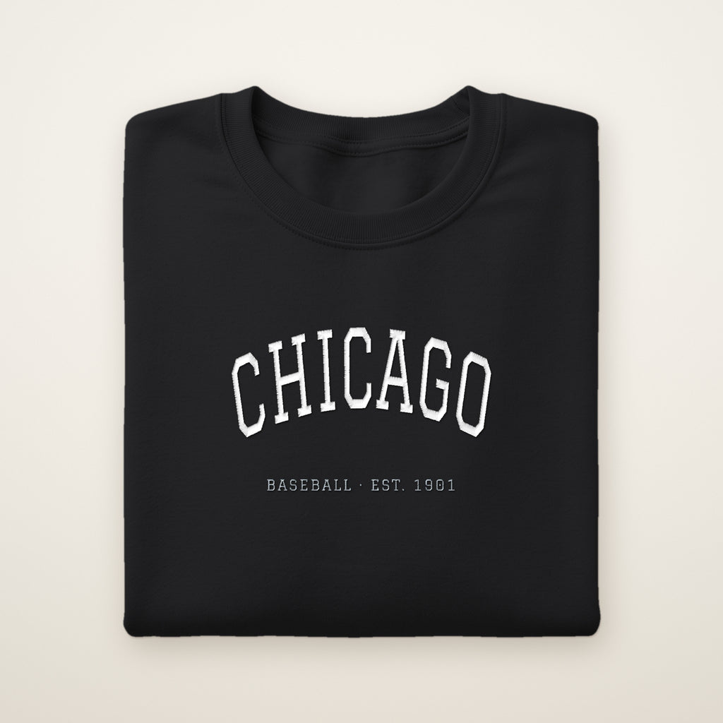 Chicago South Side Baseball Embroidered Crewneck — Chicago Arch in Black, flat lay