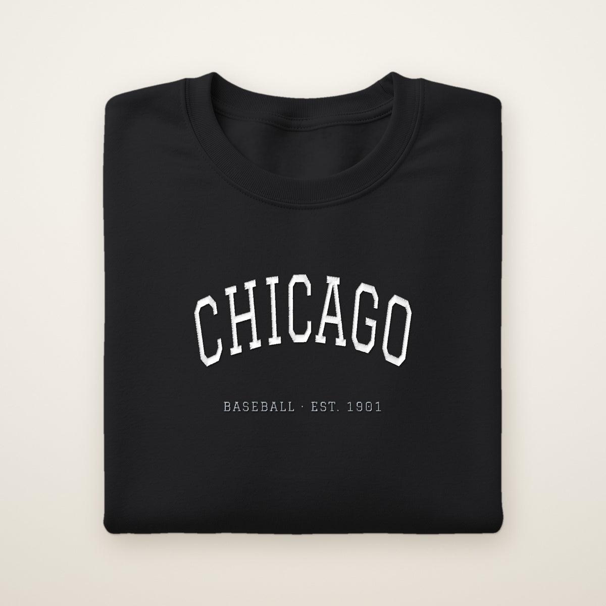 Chicago South Side Baseball Embroidered Crewneck — Chicago Arch in Black, flat lay