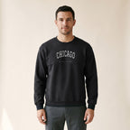 Model wearing the Chicago South Side Baseball Chicago Arch embroidered crewneck