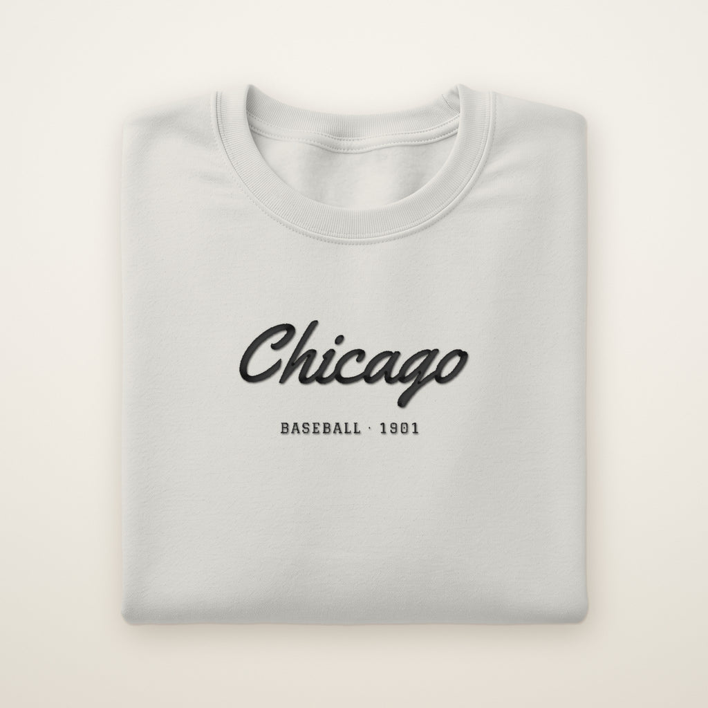 Chicago South Side Baseball Embroidered Crewneck — Chicago Script in Ash, flat lay