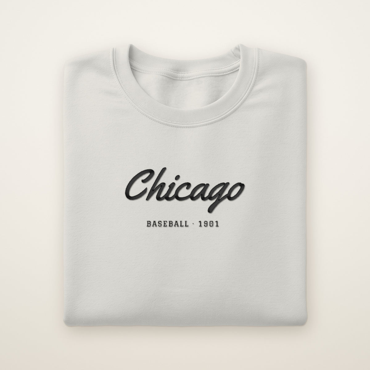 Chicago South Side Baseball Embroidered Crewneck — Chicago Script in Ash, flat lay