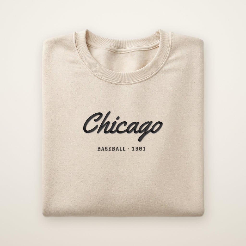 Chicago South Side Baseball Embroidered Crewneck — Chicago Script in Sand, flat lay