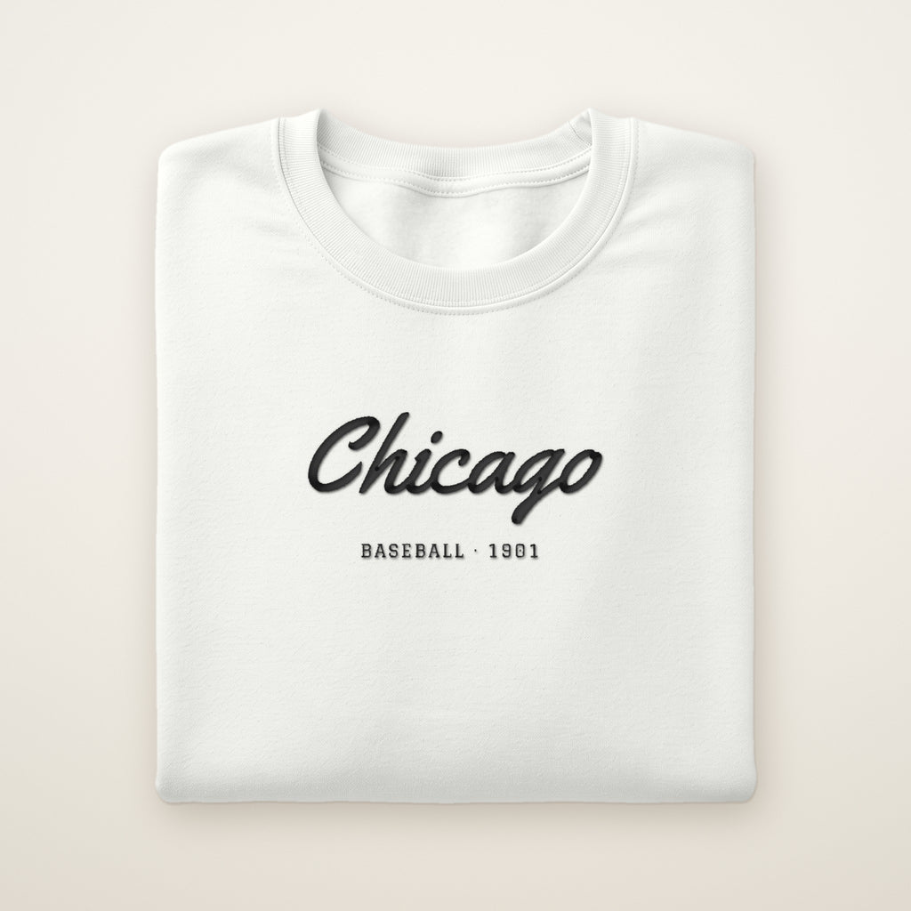 Chicago South Side Baseball Embroidered Crewneck — Chicago Script in White, flat lay