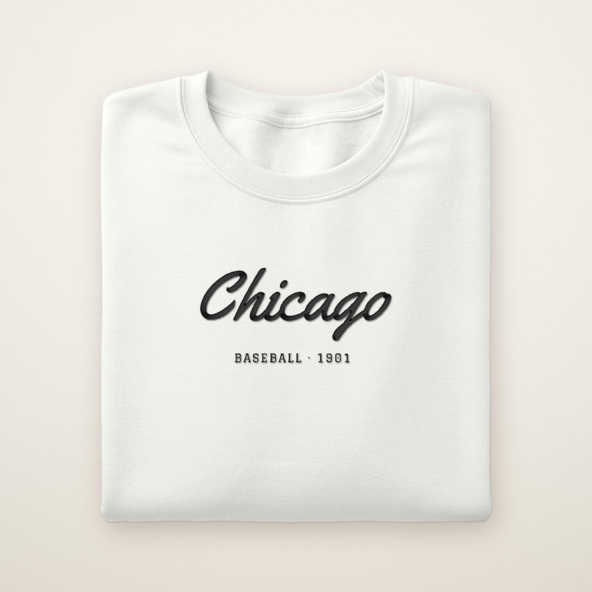 Chicago South Side Baseball Embroidered Crewneck — Chicago Script in White, flat lay