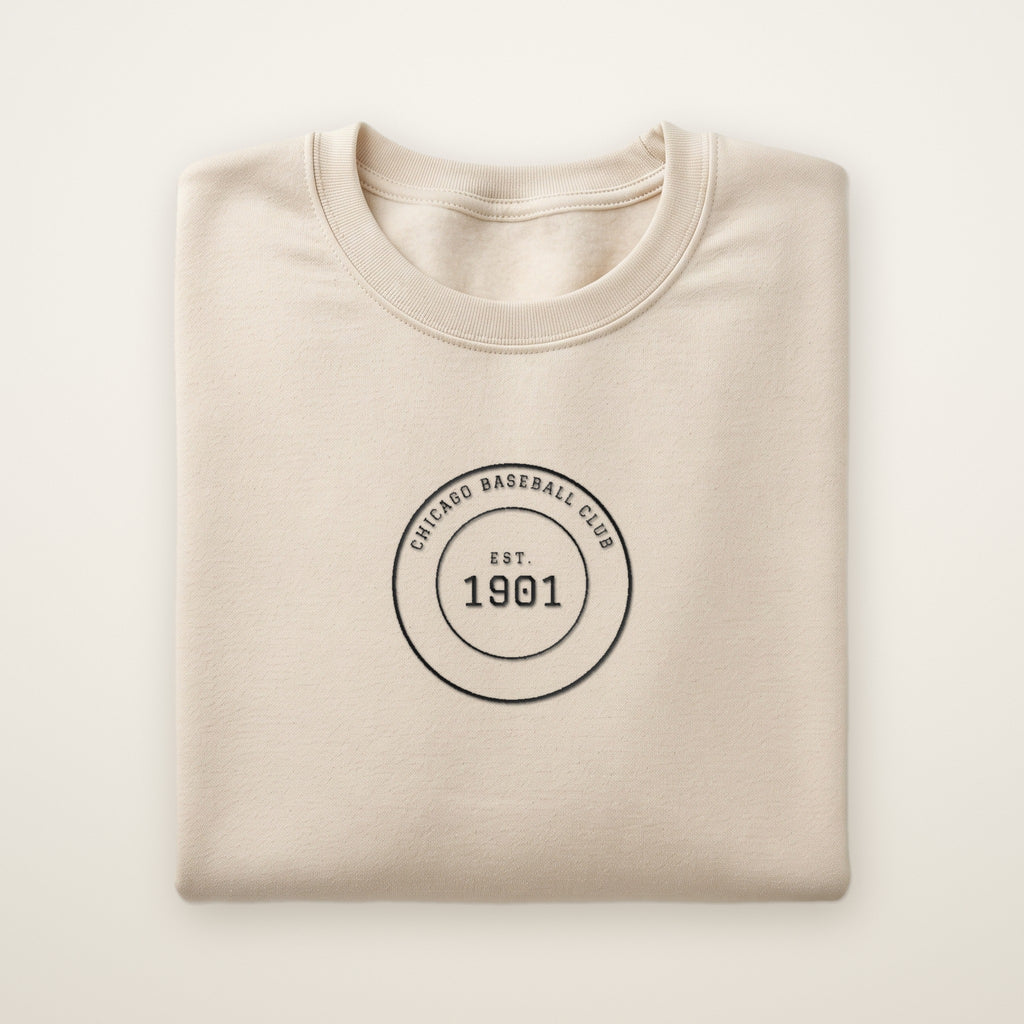 Chicago South Side Baseball Embroidered Crewneck — Club Crest in Sand, flat lay