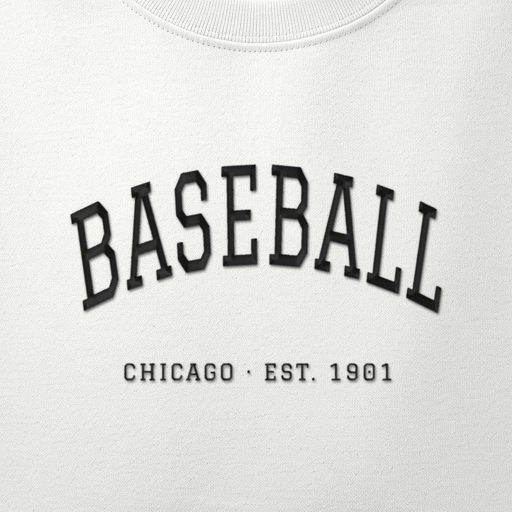 Close-up of the black satin-stitch Est. 1901 embroidery