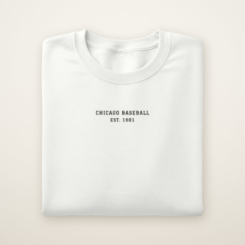 Chicago South Side Baseball Embroidered Crewneck — Minimal in White, flat lay