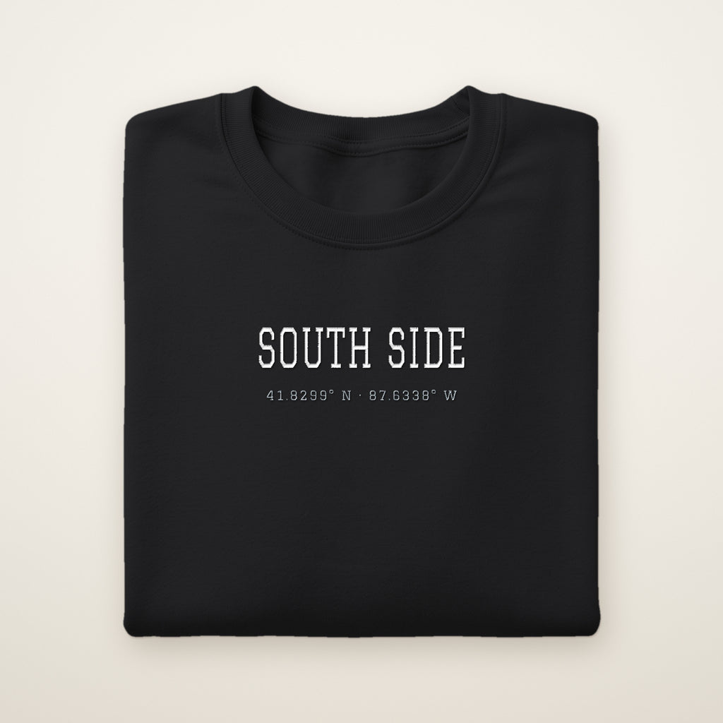 Chicago South Side Baseball Embroidered Crewneck — South Side Coordinates in Black, flat lay