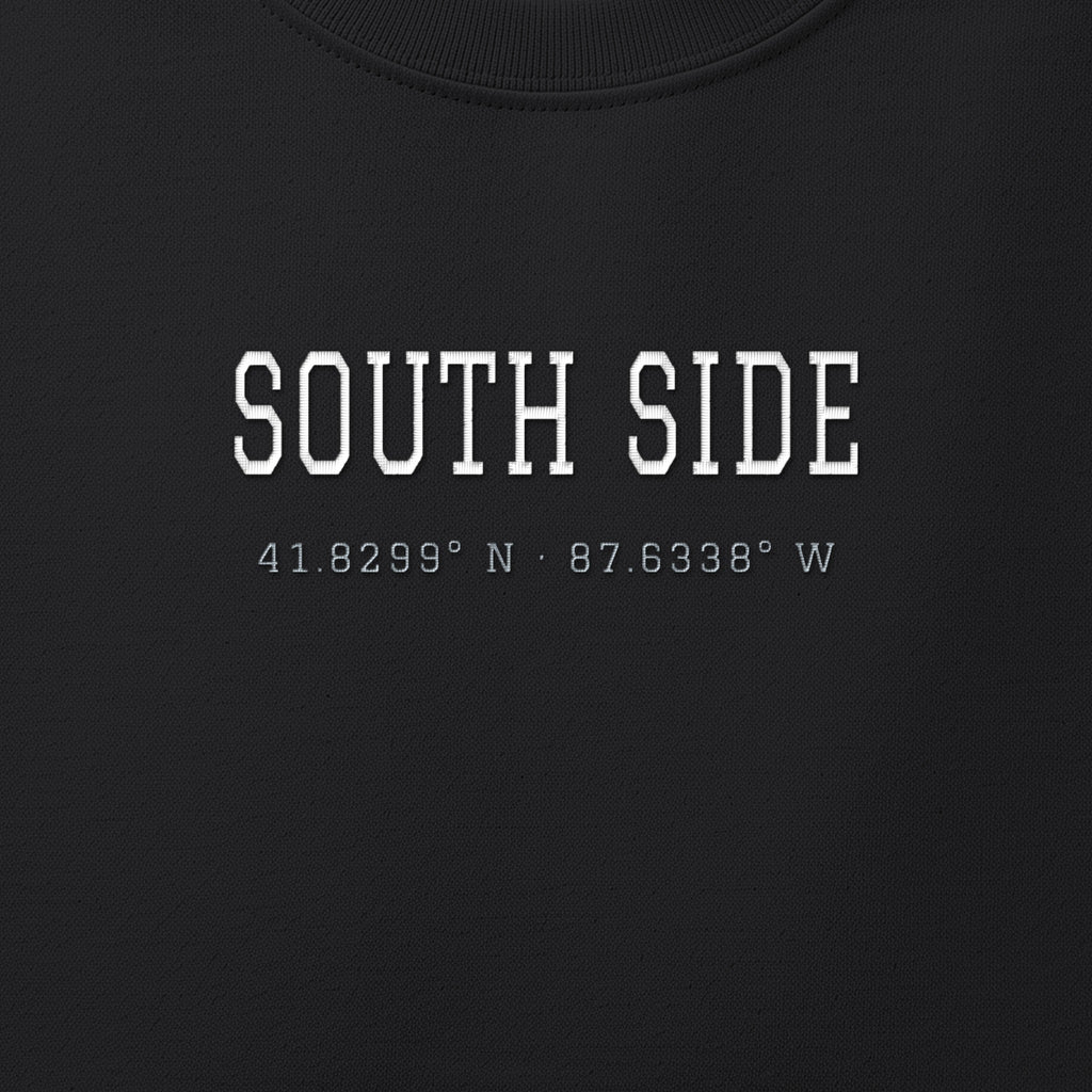 Close-up of the white & silver grey satin-stitch South Side Coordinates embroidery