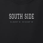 Close-up of the white & silver grey satin-stitch South Side Coordinates embroidery