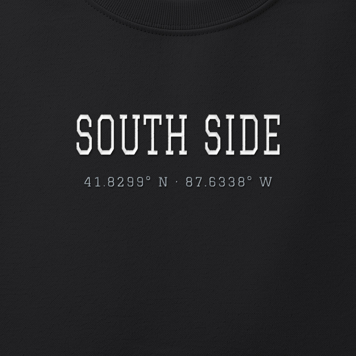 Close-up of the white & silver grey satin-stitch South Side Coordinates embroidery