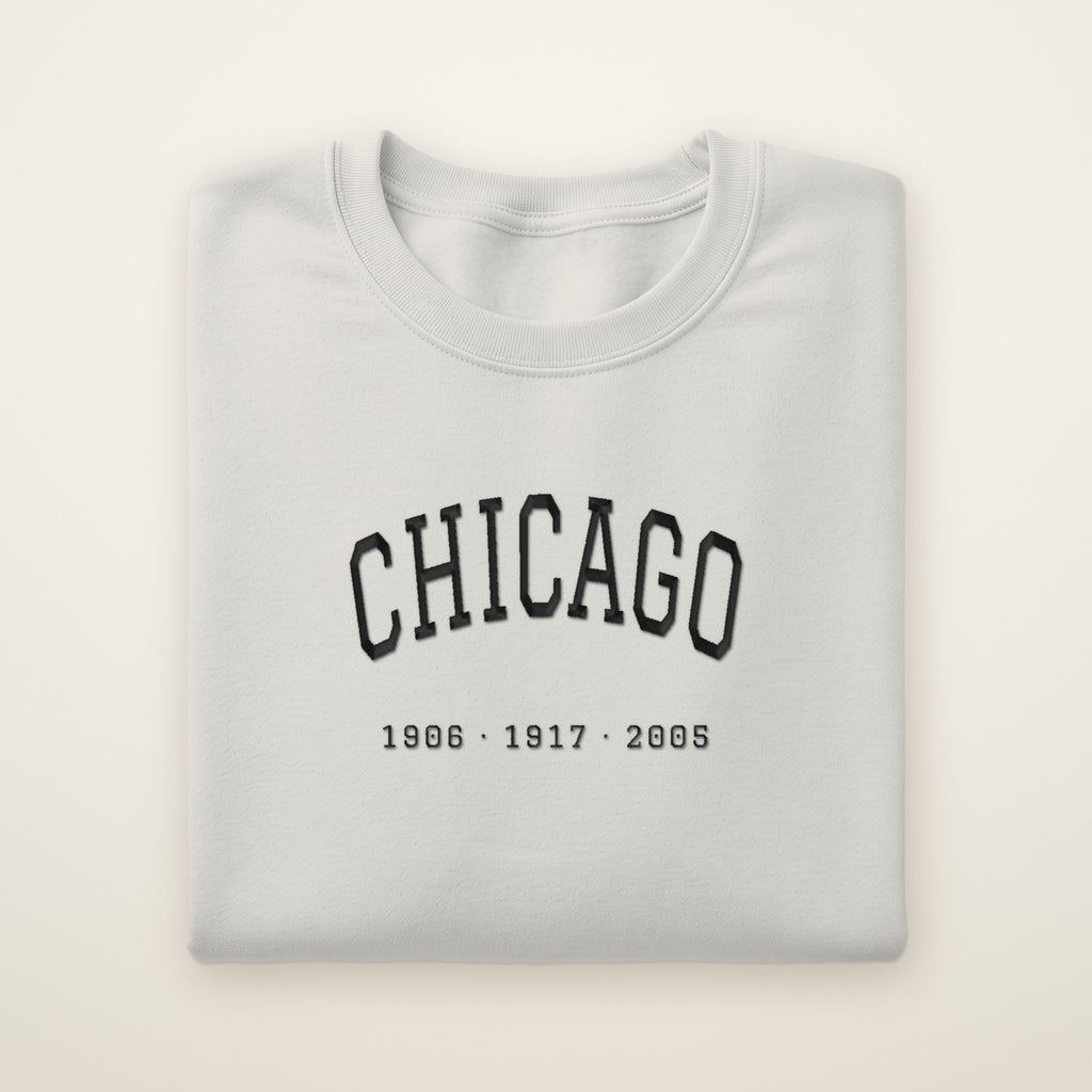 Chicago South Side Baseball Embroidered Crewneck — Title Years in Ash, flat lay