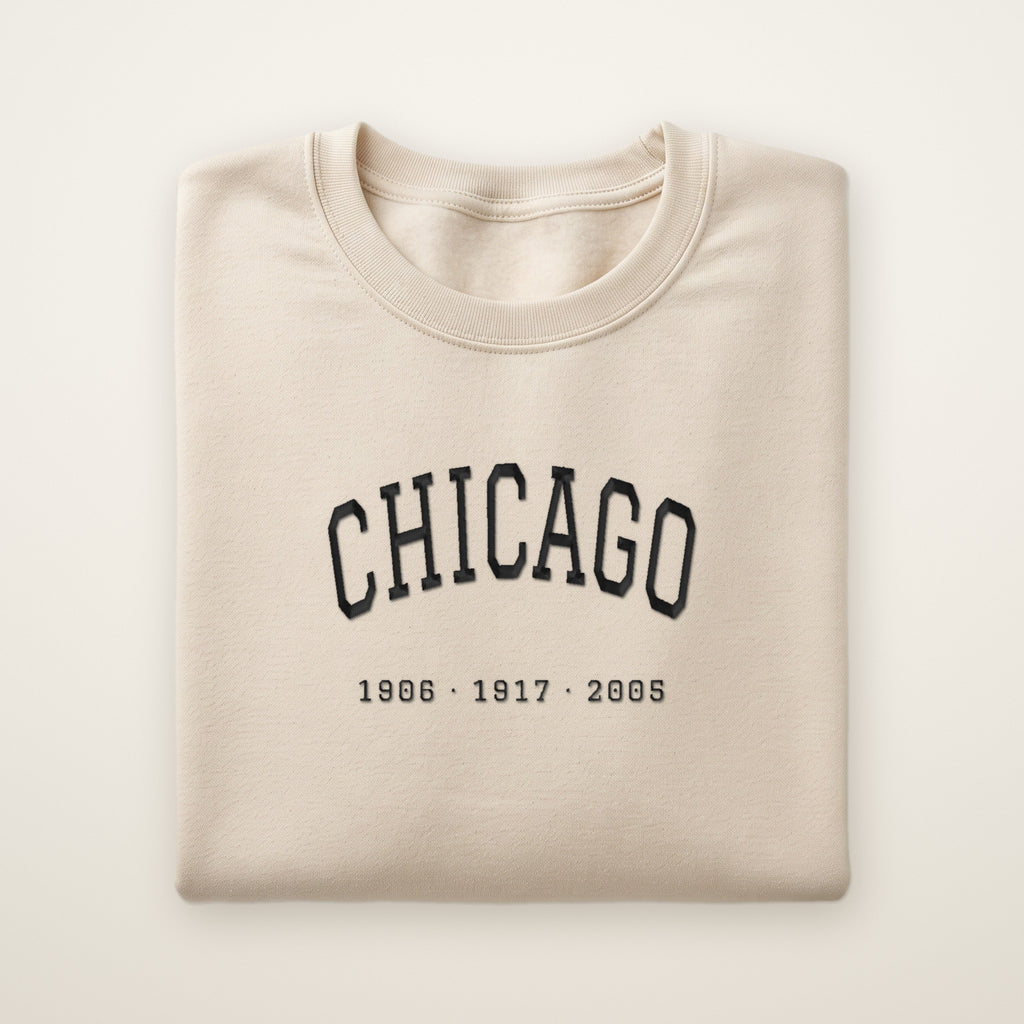 Chicago South Side Baseball Embroidered Crewneck — Title Years in Sand, flat lay