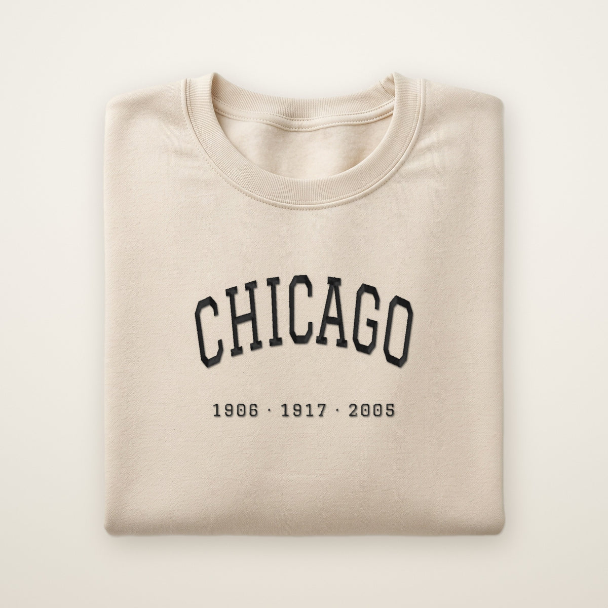 Chicago South Side Baseball Embroidered Crewneck — Title Years in Sand, flat lay