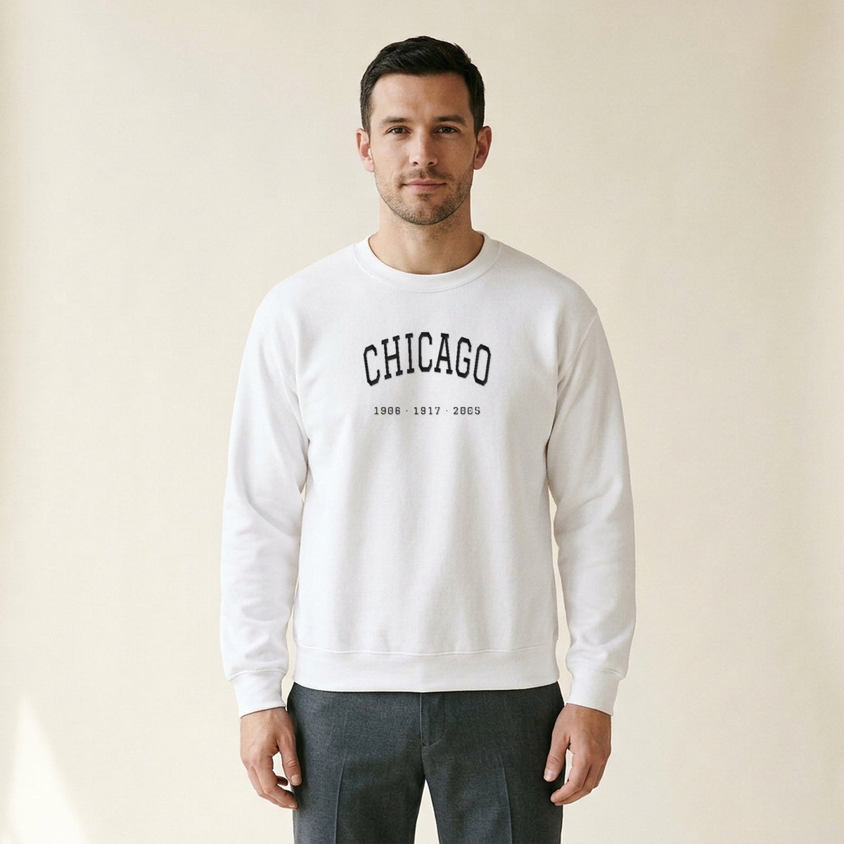 Model wearing the Chicago South Side Baseball Title Years embroidered crewneck