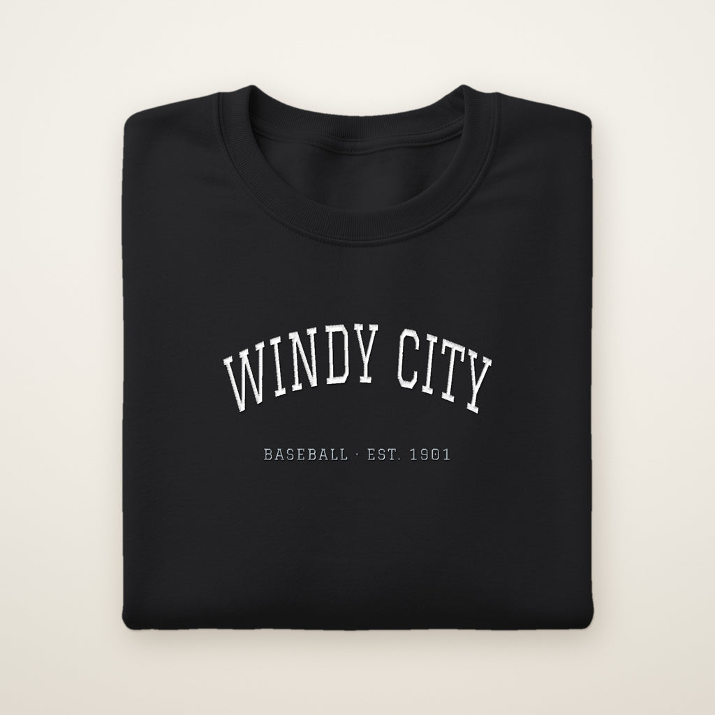 Chicago South Side Baseball Embroidered Crewneck — Windy City in Black, flat lay