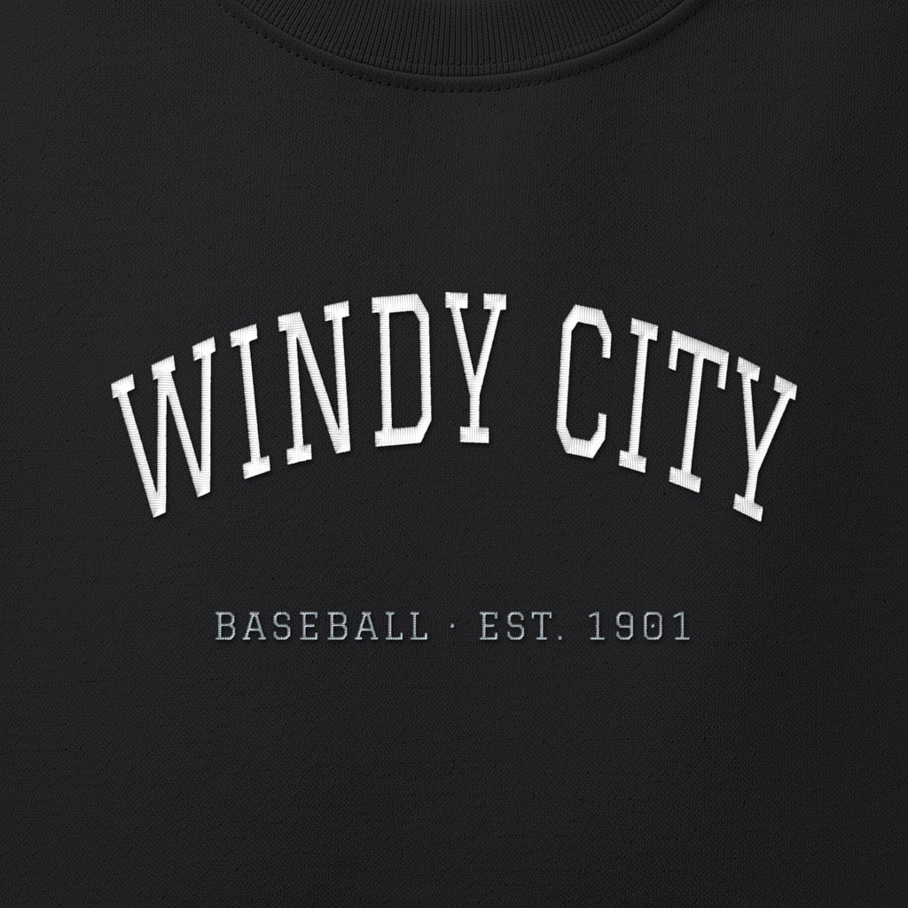 Close-up of the white & silver grey satin-stitch Windy City embroidery