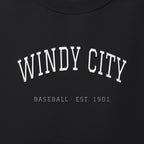 Close-up of the white & silver grey satin-stitch Windy City embroidery