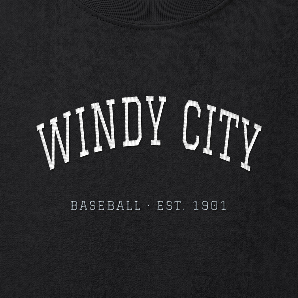 Close-up of the white & silver grey satin-stitch Windy City embroidery