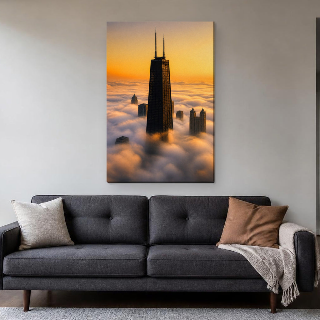 875 North Michigan Canvas Wall Art | Chicago Skyline Above the Fog canvas hanging above a charcoal sofa in a living room