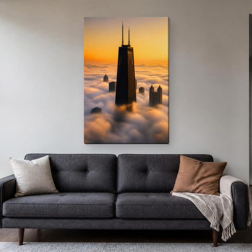 875 North Michigan Canvas Wall Art | Chicago Skyline Above the Fog canvas hanging above a charcoal sofa in a living room