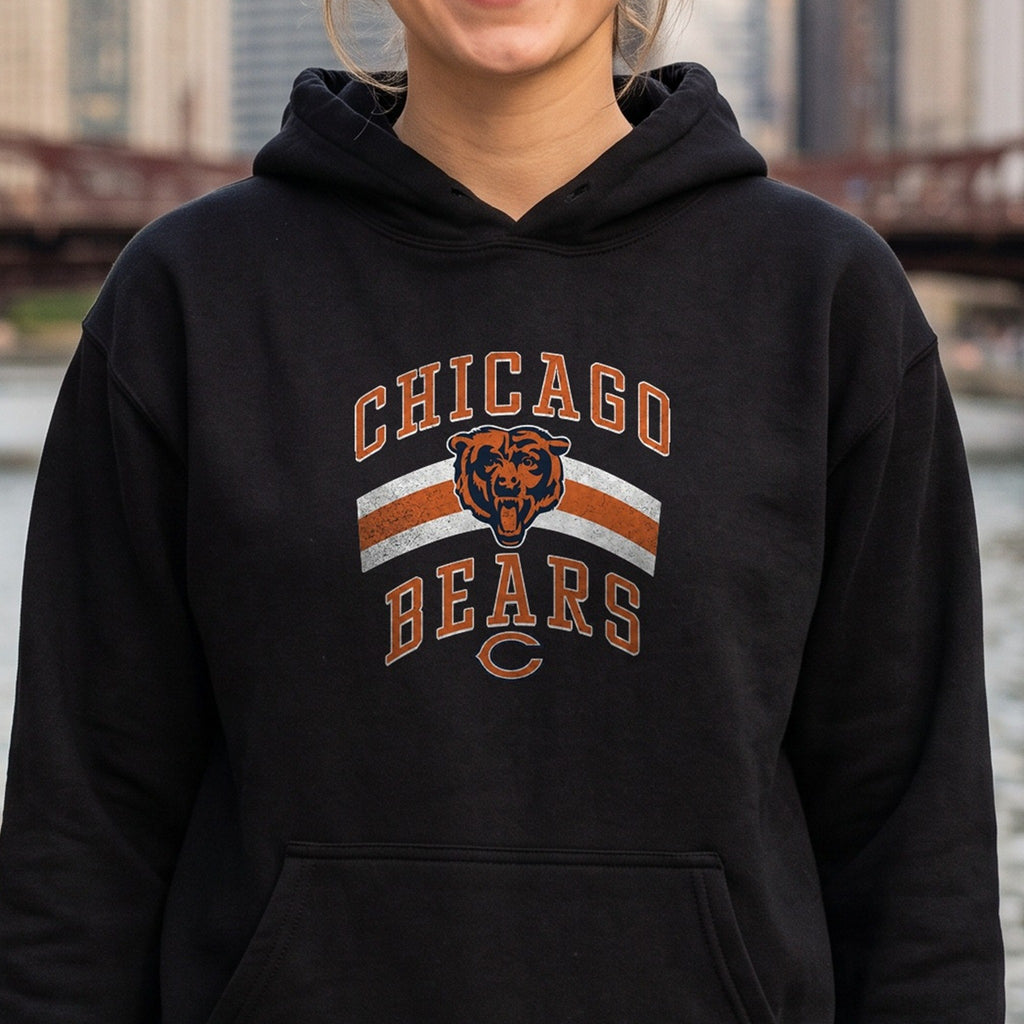 Close-up of the Chicago Bears retro print on a black hoodie