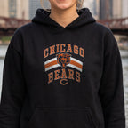 Close-up of the Chicago Bears retro print on a black hoodie