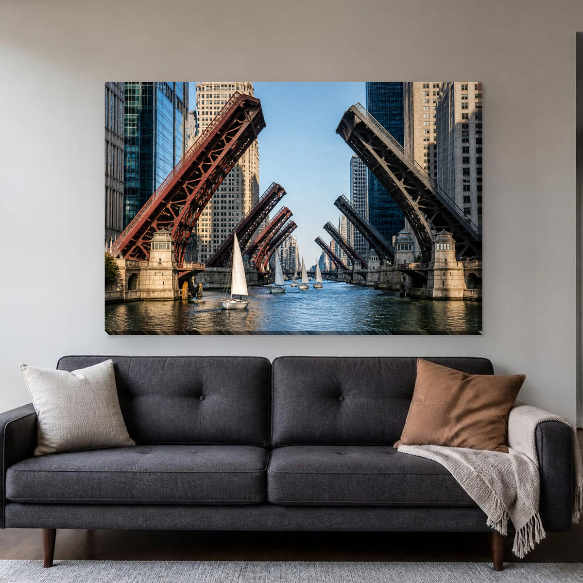 Chicago Bridge Lift Canvas Wall Art | Raised Bridges on the River canvas hanging above a charcoal sofa in a living room