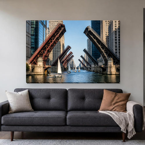 Chicago Bridge Lift Canvas Wall Art | Raised Bridges on the River canvas hanging above a charcoal sofa in a living room
