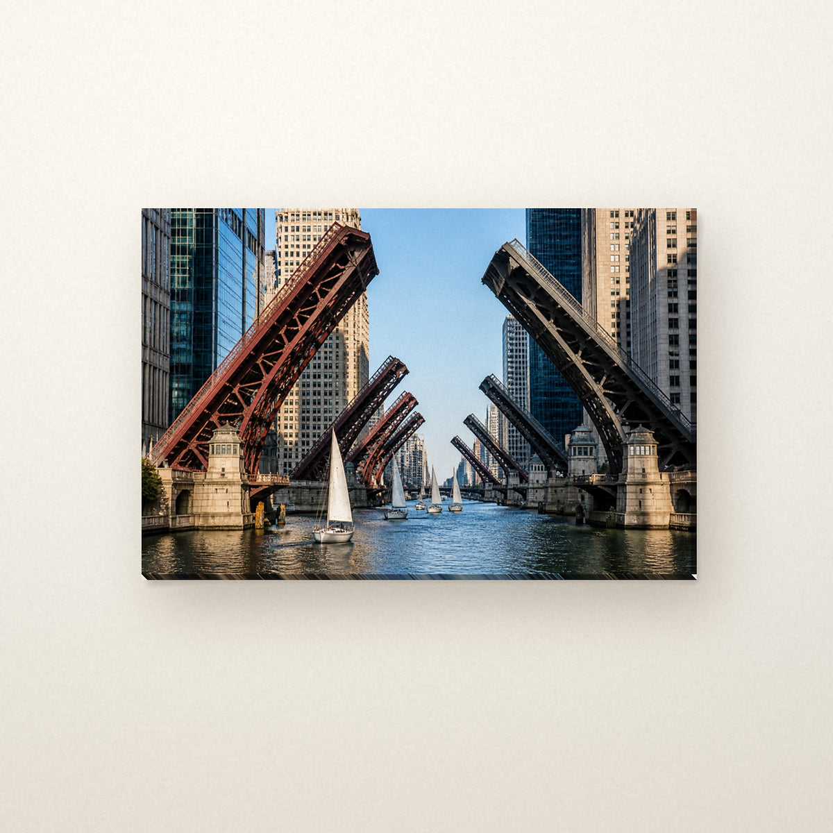 Chicago Bridge Lift Canvas Wall Art | Raised Bridges on the River canvas on a warm ivory wall