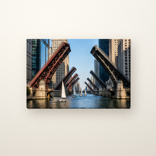 Chicago Bridge Lift Canvas Wall Art | Raised Bridges on the River canvas on a warm ivory wall