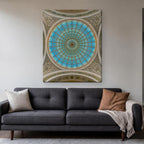 Chicago Cultural Center Canvas Wall Art | Tiffany Glass Dome canvas hanging above a charcoal sofa in a living room