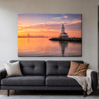 Chicago Harbor Lighthouse Canvas Wall Art | Lake Michigan Sunrise canvas hanging above a charcoal sofa in a living room