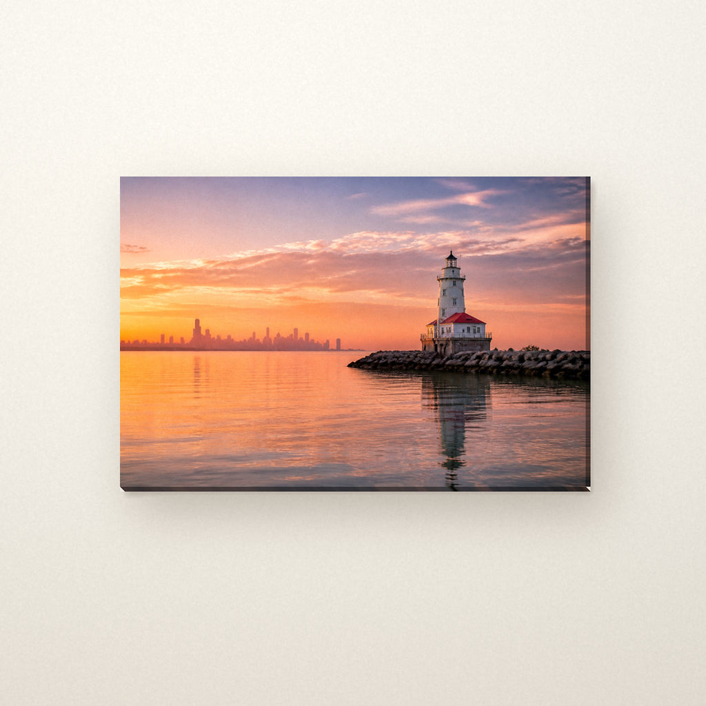 Chicago Harbor Lighthouse Canvas Wall Art | Lake Michigan Sunrise canvas on a warm ivory wall