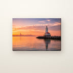 Chicago Harbor Lighthouse Canvas Wall Art | Lake Michigan Sunrise canvas on a warm ivory wall