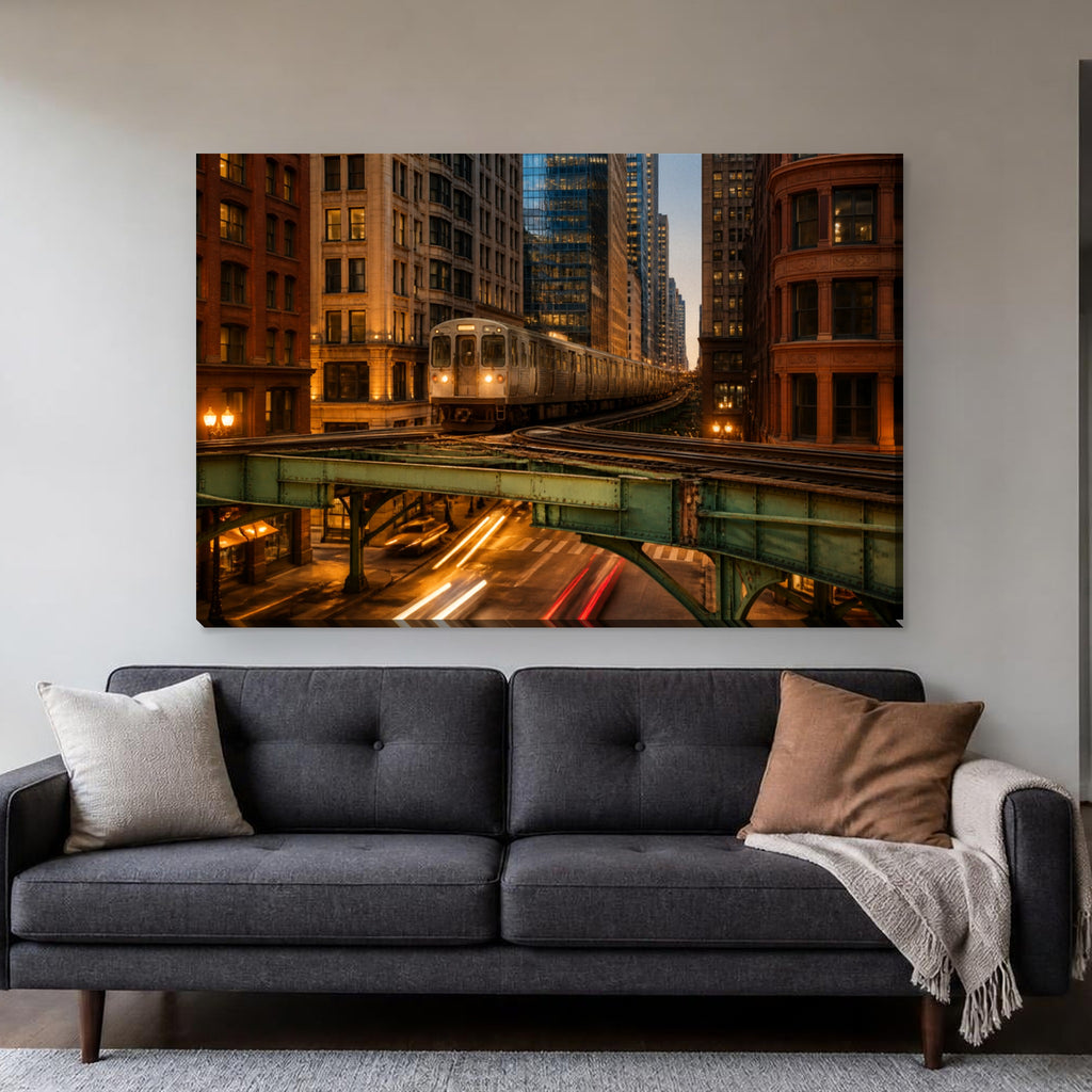 Chicago L Train Canvas Wall Art | Loop Tracks at Dusk canvas hanging above a charcoal sofa in a living room