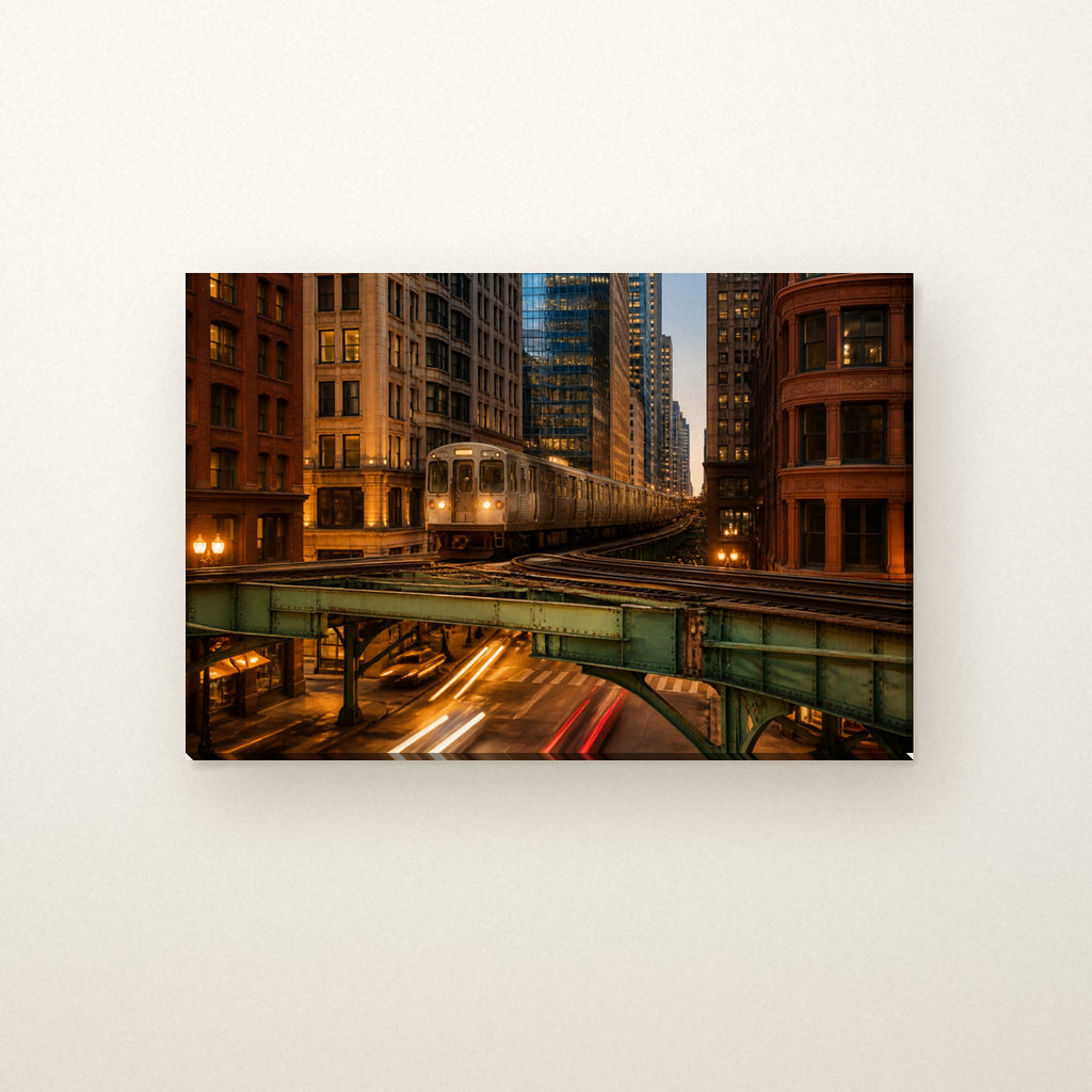 Chicago L Train Canvas Wall Art | Loop Tracks at Dusk canvas on a warm ivory wall