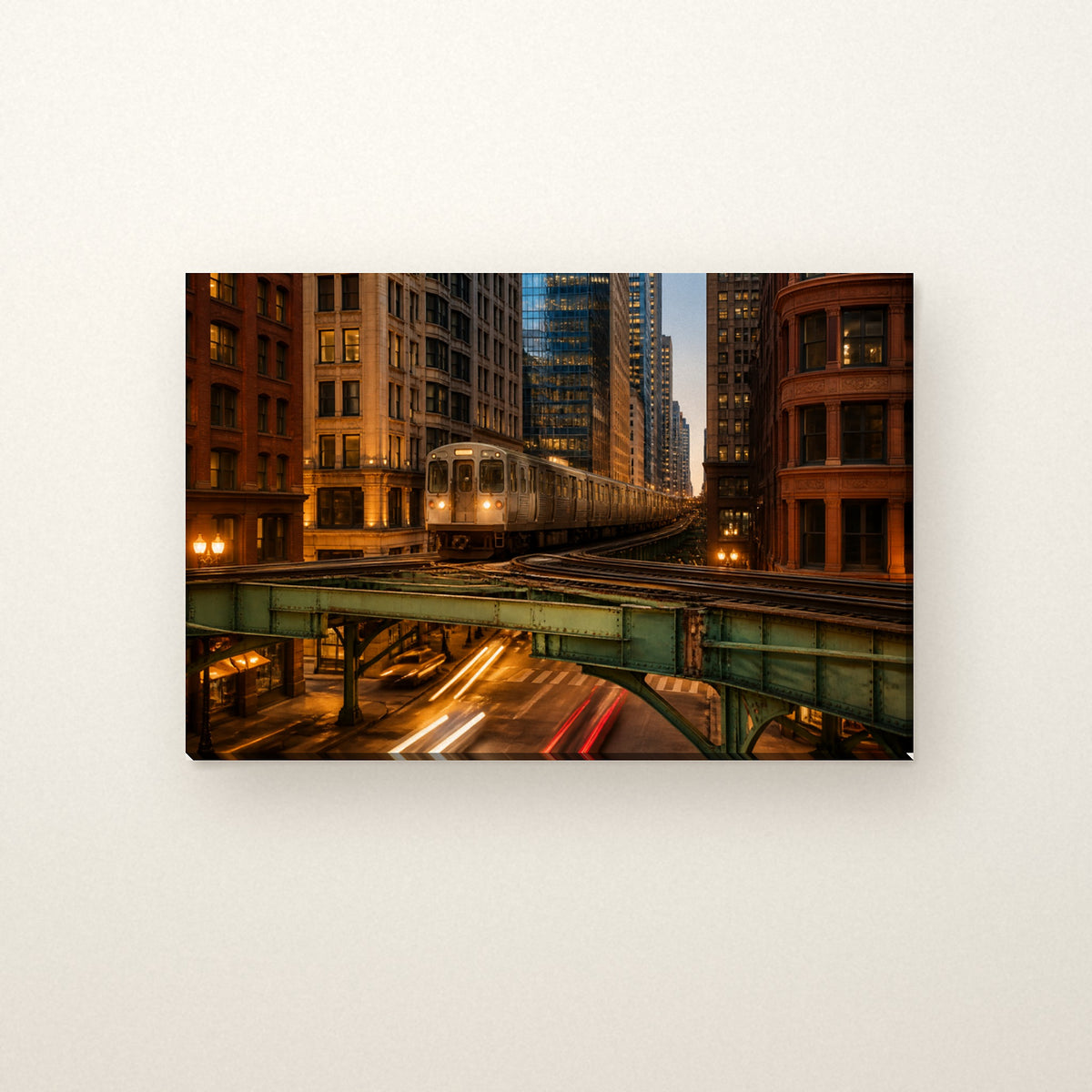 Chicago L Train Canvas Wall Art | Loop Tracks at Dusk canvas on a warm ivory wall