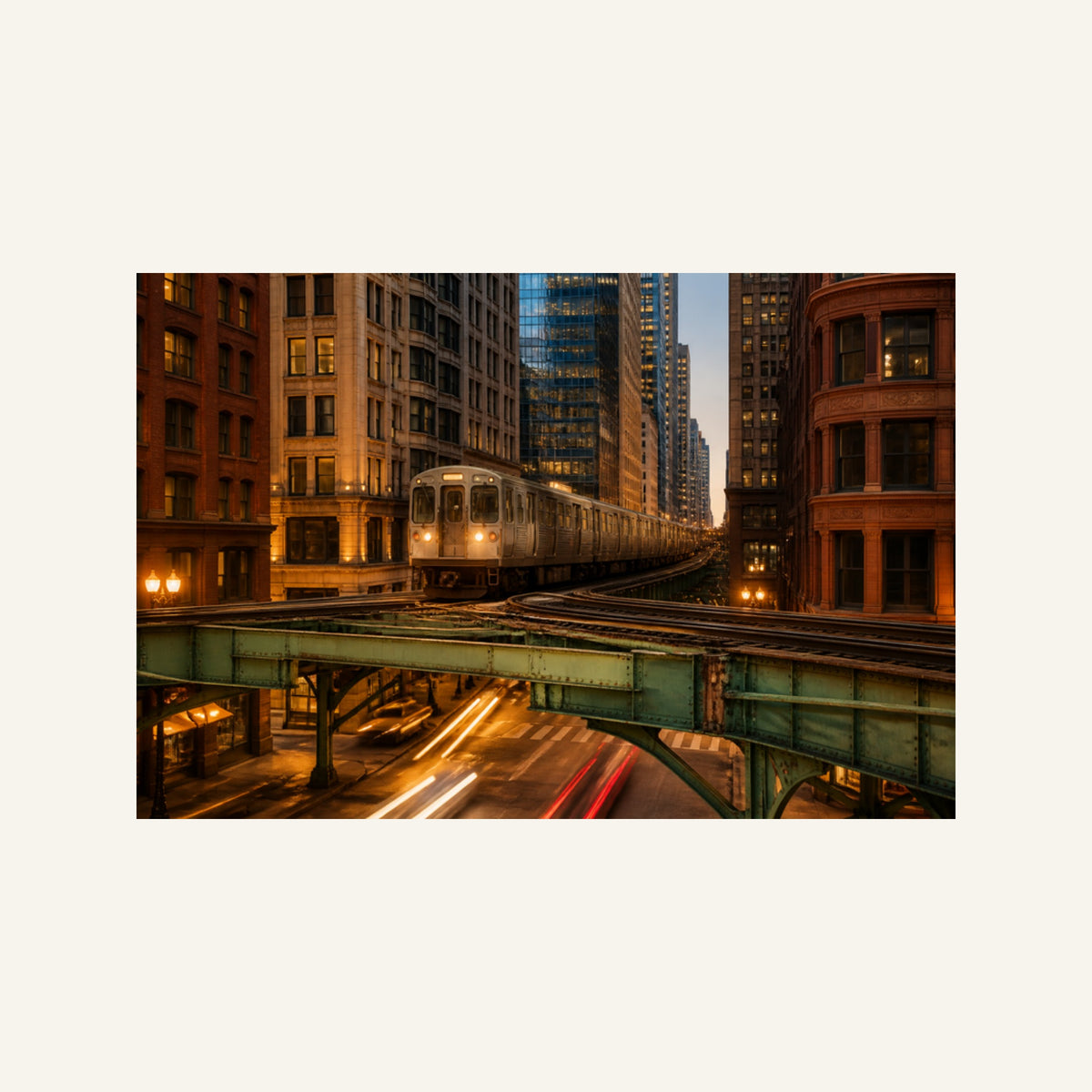 Chicago L Train Canvas Wall Art | Loop Tracks at Dusk artwork, full image