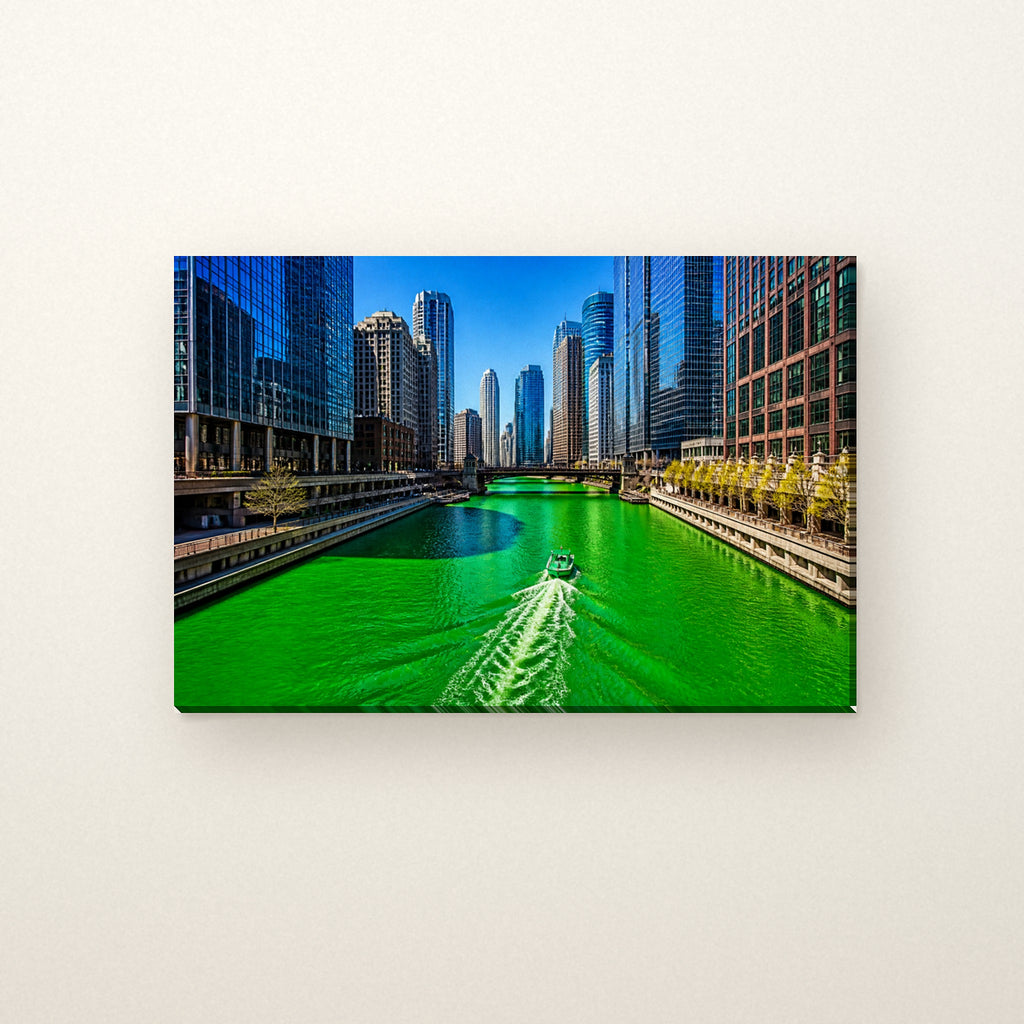 Chicago River Canvas Wall Art | Green River on St. Patrick's Day canvas on a warm ivory wall