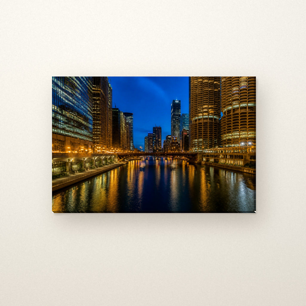 Chicago Riverwalk Canvas Wall Art | River Lights at Night canvas on a warm ivory wall