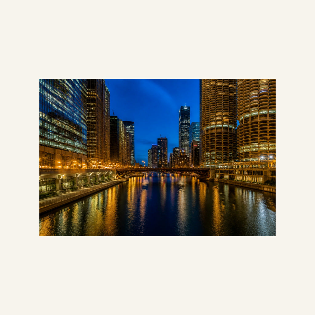 Chicago Riverwalk Canvas Wall Art | River Lights at Night artwork, full image