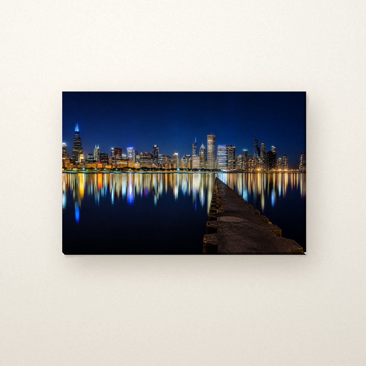 Chicago Skyline Canvas Wall Art | Night from Olive Park canvas on a warm ivory wall